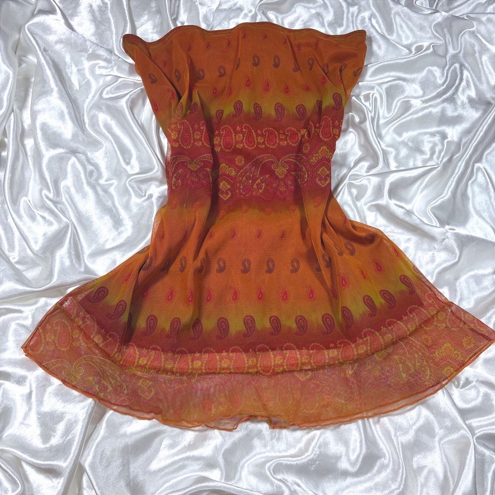 y2k Mini Skirt Orange Excellent Paisley Mesh Lettuce Edge Sheer Overlay